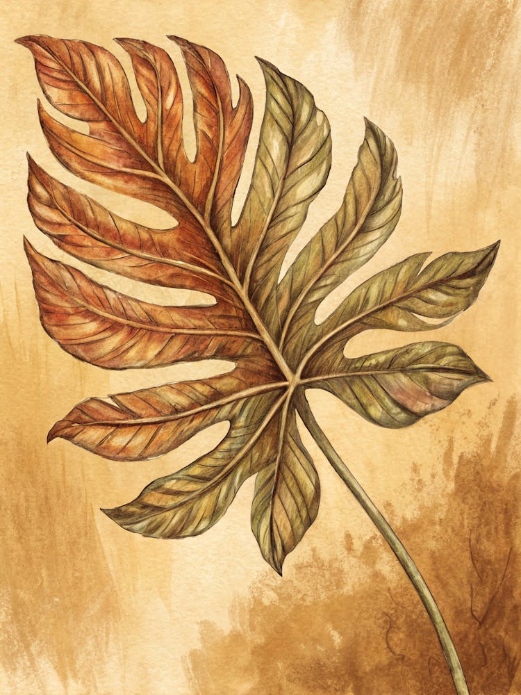 Oil Painting Style Papyrus Leaf Sketch Over Vintage