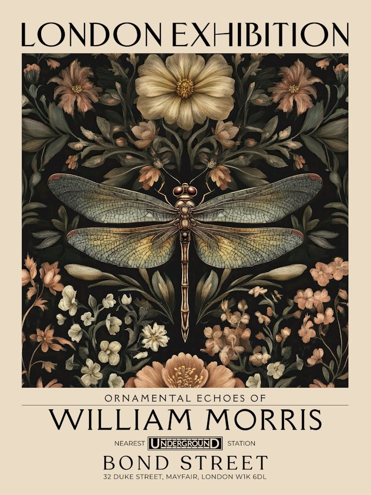 William Morris Dragonfly and floral artwork in Warm earth tones, insect and flower pattern dark academia library Botanical vintage print, living room vintage decor Floral tapestry Victorian nature art 27