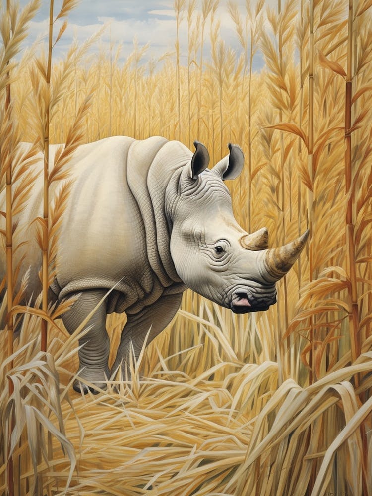 Rhino In The Dry Grass Realistic Illustration
