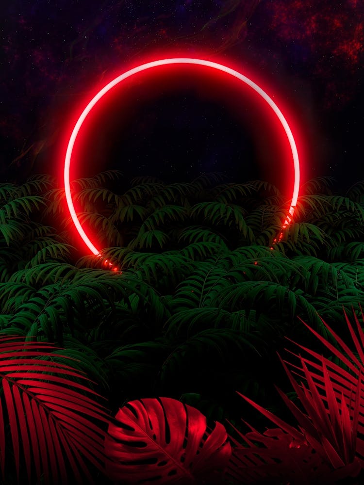 Neon landscape: Red Circle & tropic [synthwave/vaporwave/cyberpunk] — aesthetic retrowave neon poster