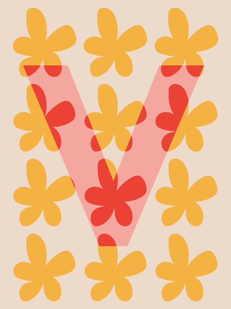 Alphabet Flower Letter V Print - Pink, Yellow, Red