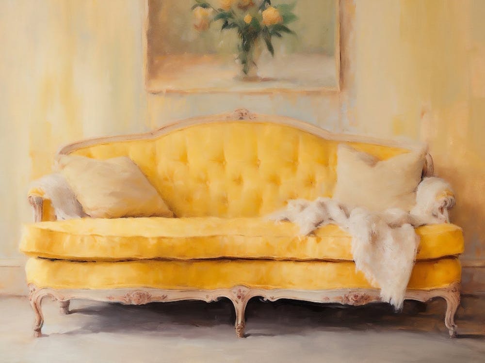Vintage Gelbes Antikes Sofa Gemälde, Farbenfrohes Stillleben Gemälde, Luxuriöses Vintage Interieur, Rustikales Ölgemälde, Druckbare Vintage Kunst