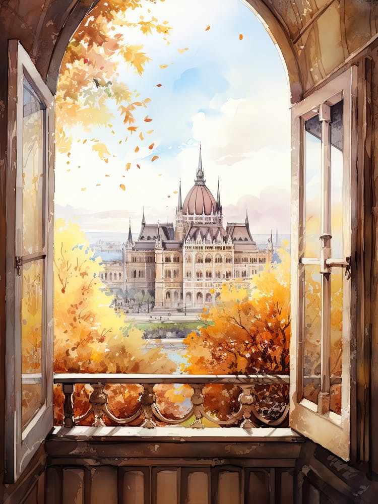 Window View Of Budapest Hungary In Autumn Fall, Watercolour 1