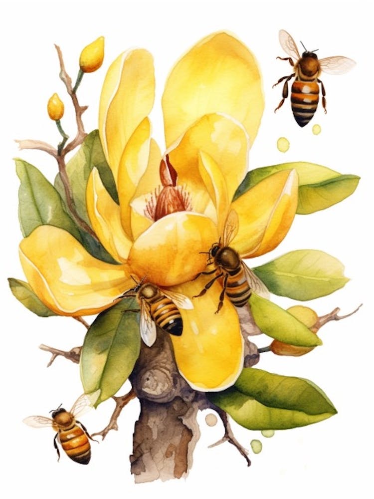 Beehive With Magnolia Watercolour Illustration 1