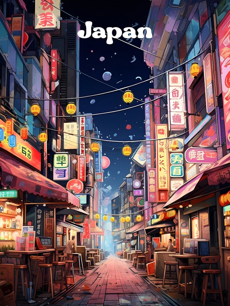 Japan Night Time Modern Travel Art