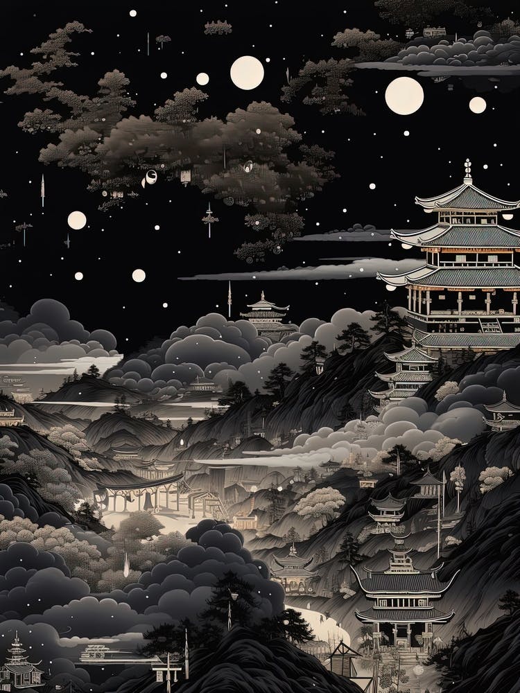 Shikoku Pilgrimage In Shikoku, Ukiyo E Black And White Line Art Drawing 1