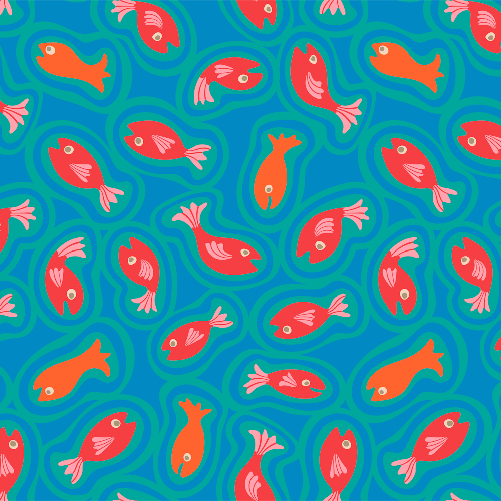 TEEMING Cute Swimming Fish Sea Ocean Creatures in Bright Blue Aqua Turquoise Red Orange