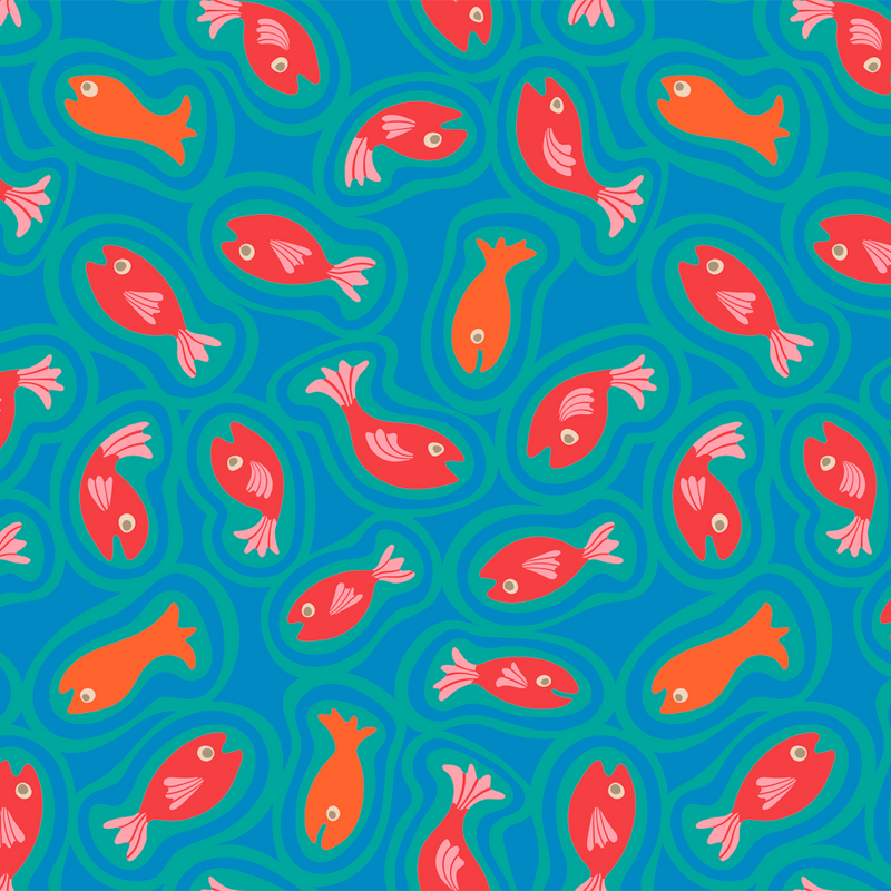 TEEMING Cute Swimming Fish Sea Ocean Creatures in Bright Blue Aqua Turquoise Red Orange