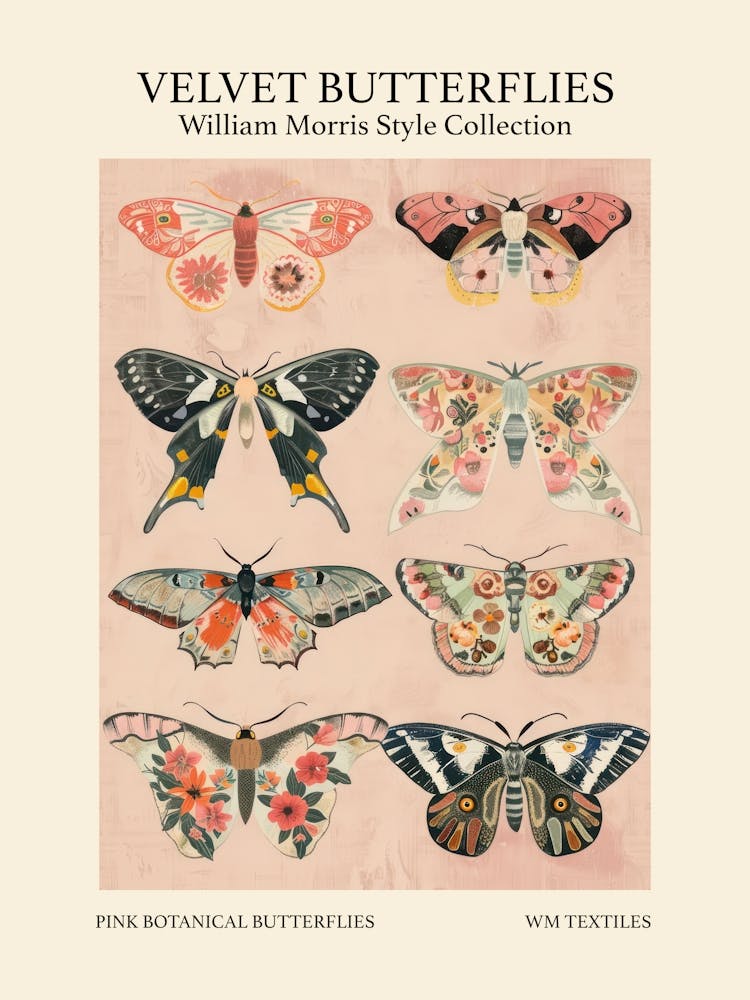 Velvet Butterflies Collection Pink Botanical Butterflies William Morris Style 4