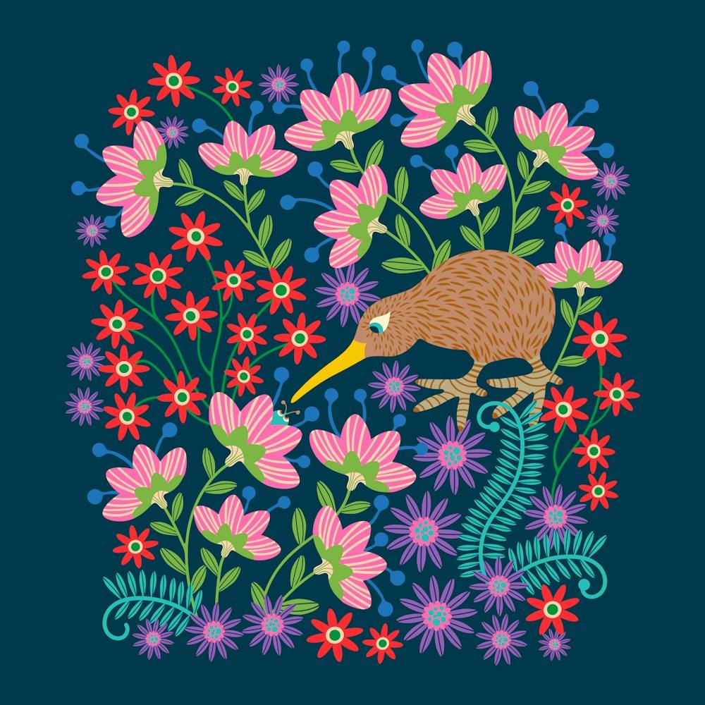 OKARITO KIWI BIRD Cute Wildlife Nature Comeback Species with Flowers in Bright Colours Kids