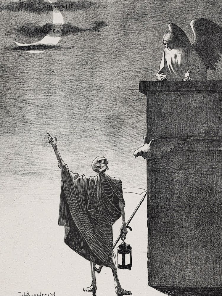 The Half Moon - Johan Braakensiek, 1908 HD Remastered Gothic Dark Aesthetic Skeleton and Angel