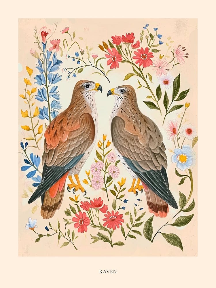 Folksy Floral Animal Drawing Raven 3 Poster