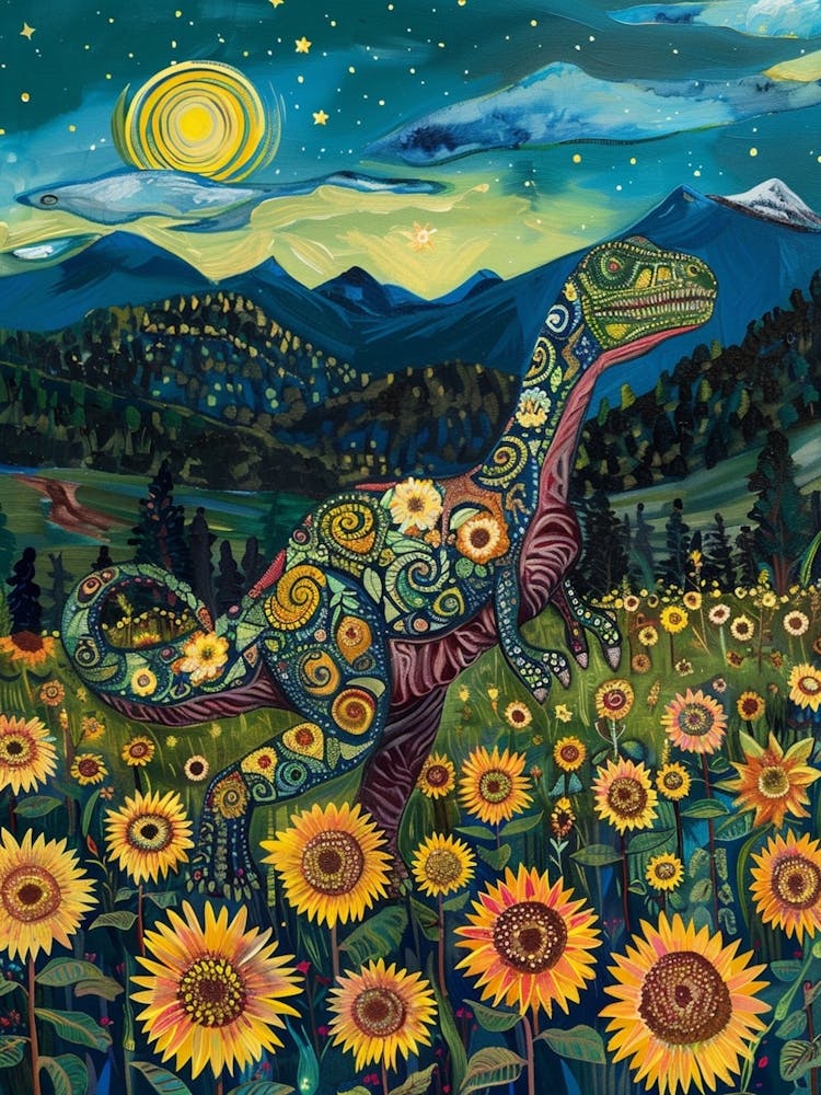 Dinosaur In A Sunflower Field Landscape Painting 3