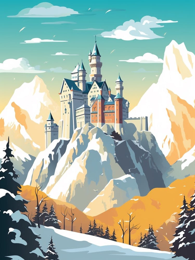 Vintage Winter Travel Illustration Schloss Neuschwanstein Germany 1