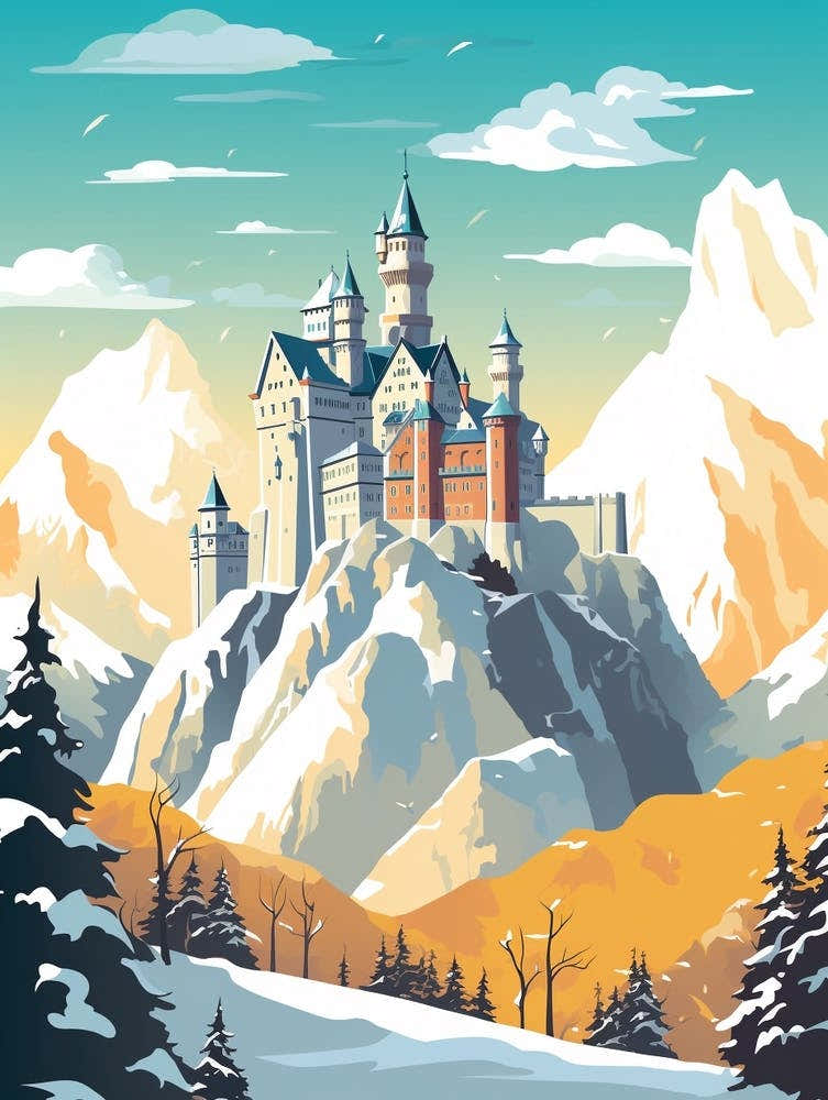 Vintage Winter Travel Illustration Schloss Neuschwanstein Germany 1