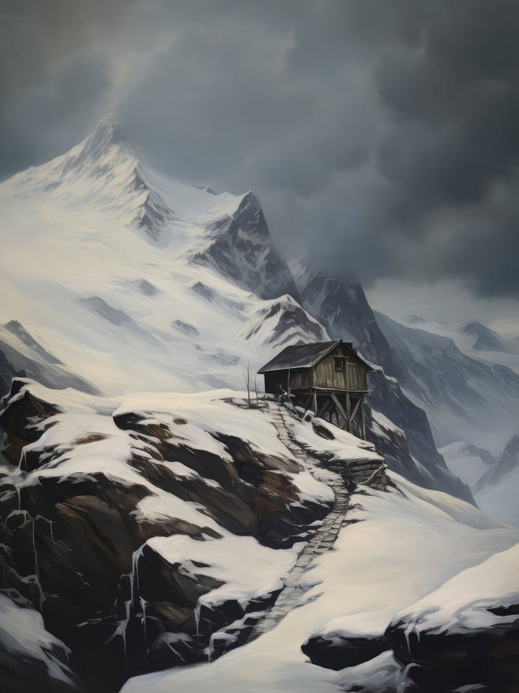 Winter Mountain Cabin Painting