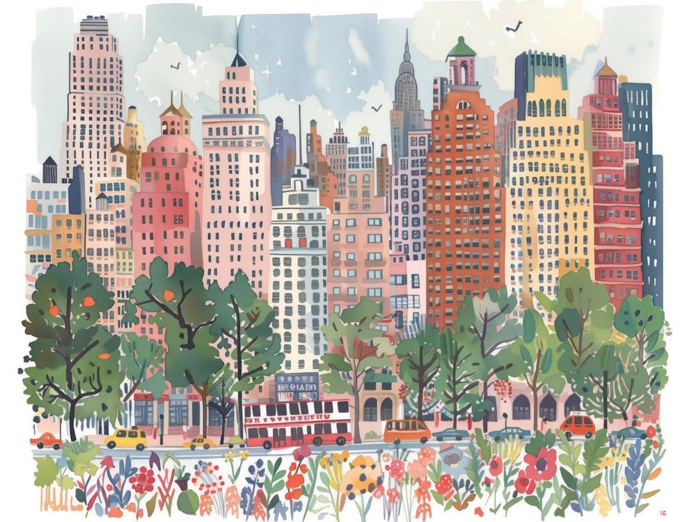 New York Flowers Landmarks Landscape Watercolour