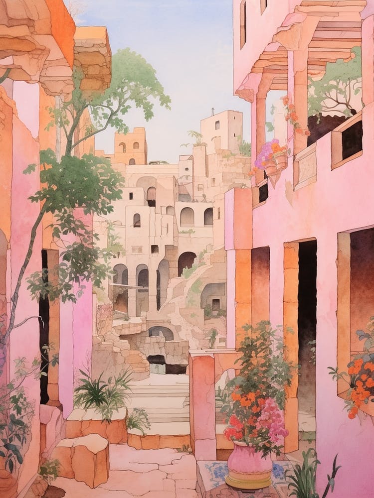 Byblos Lebanon 4 Vintage Pink Travel Illustration