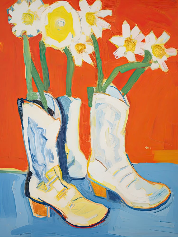 Painting Of Cowboy Boots With Daffodils, Pop Art Style 1