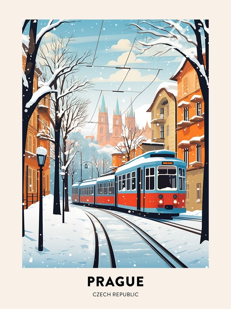 Vintage Winter Travel Poster Prague Czech Republic 4