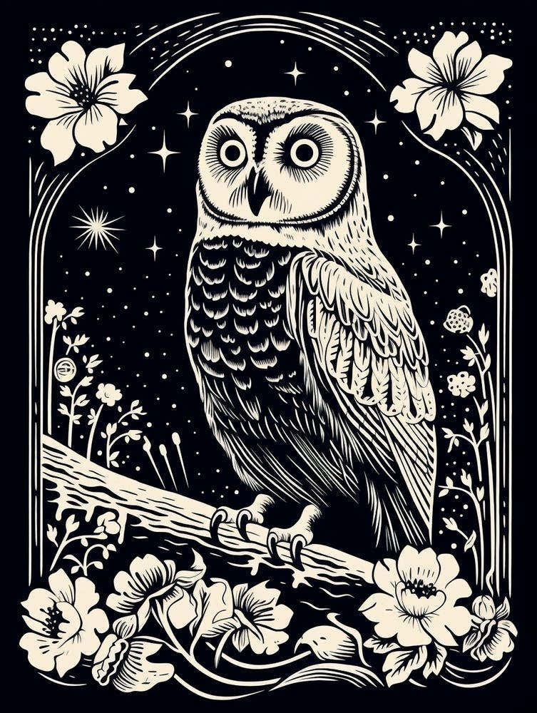 B&W Bird Linocut Snowy Owl 3