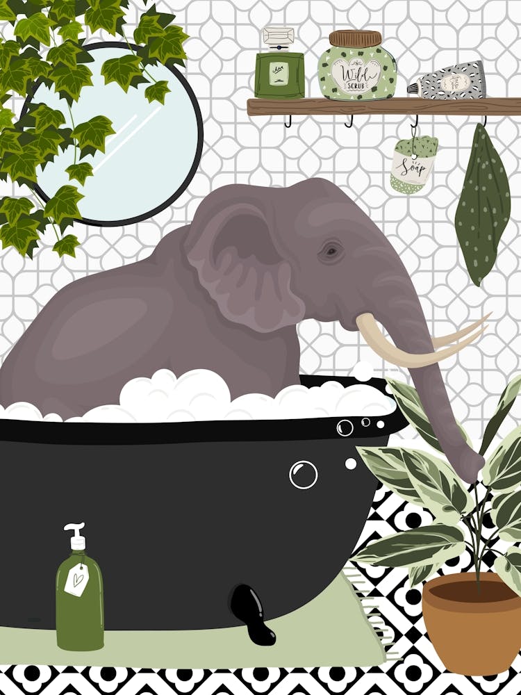 Elephant In Bath Black And White