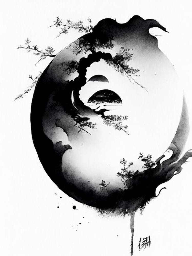 Black And White Yin and Yang 2 Japanese Ink