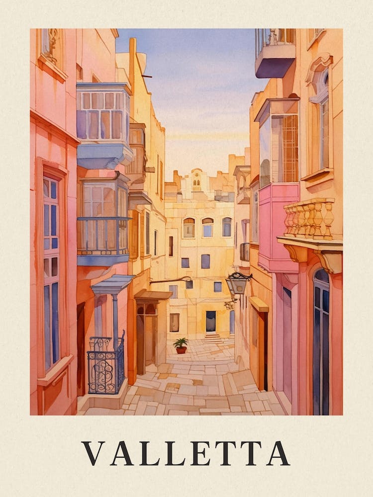 Valletta Malta 2 Vintage Pink Travel Illustration Poster