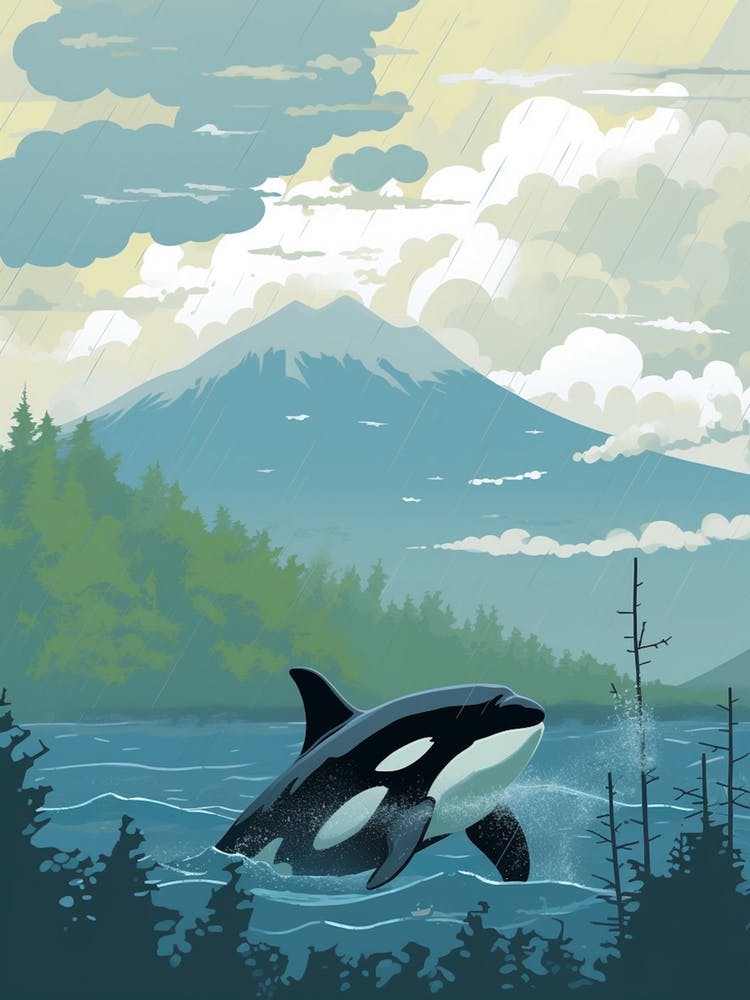 Graphic Design Style Orca Whale And Mountain With Clouds