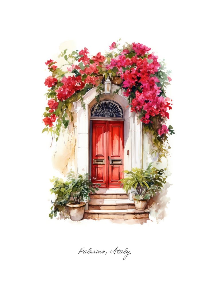 Palermo, Italy   Mediterranean Doors Watercolour Painting 2 Poster