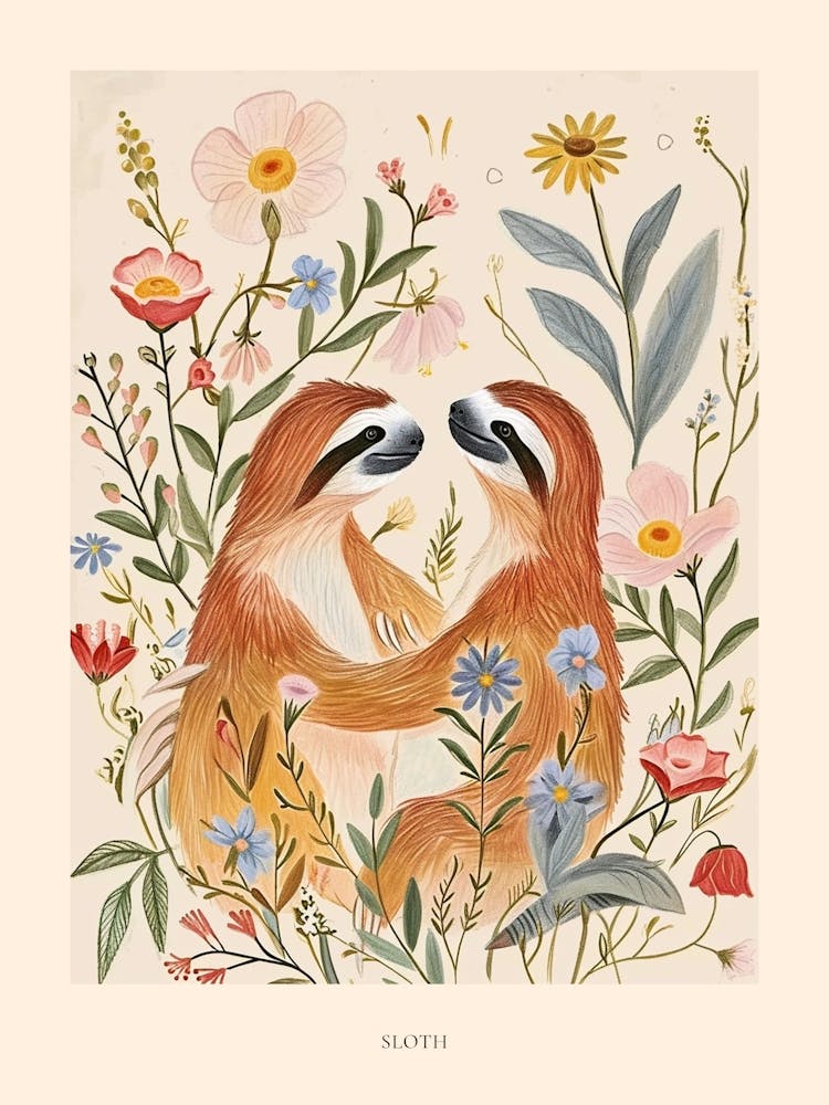 Folksy Floral Animal Drawing Sloth Poster
