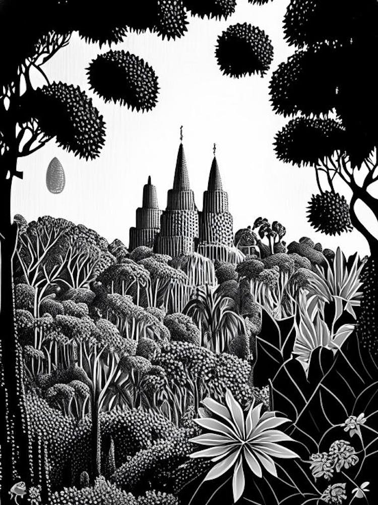Park Güell, Spain Linocut Black And White Vintage