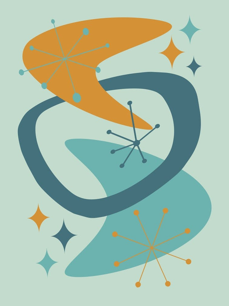 Mid Century Atomic Age Abstract 7 Teal, Turquoise, Orange, Aqua