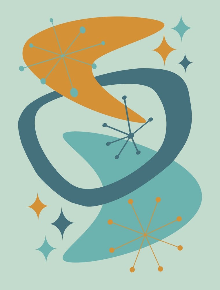 Mid Century Atomic Age Abstract 7 Teal, Turquoise, Orange, Aqua