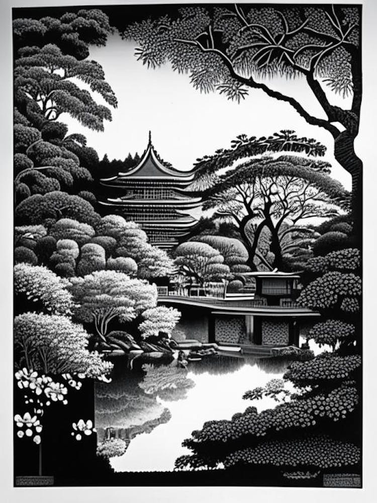 Hamarikyu Gardens, 1, Japan Linocut Black And White Vintage