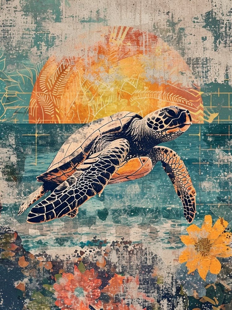 Sea Turtle Collage In The Sunset 2