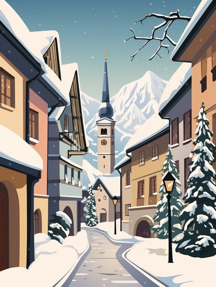 Vintage Winter Travel Illustration Hallstatt Austria 4