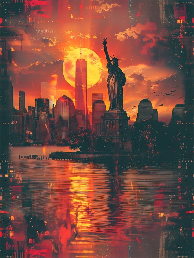New York City Sunset, Cityscape Collage Retro