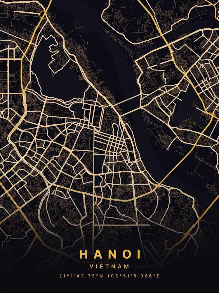 Hanoi Vietnam Black And Gold Map