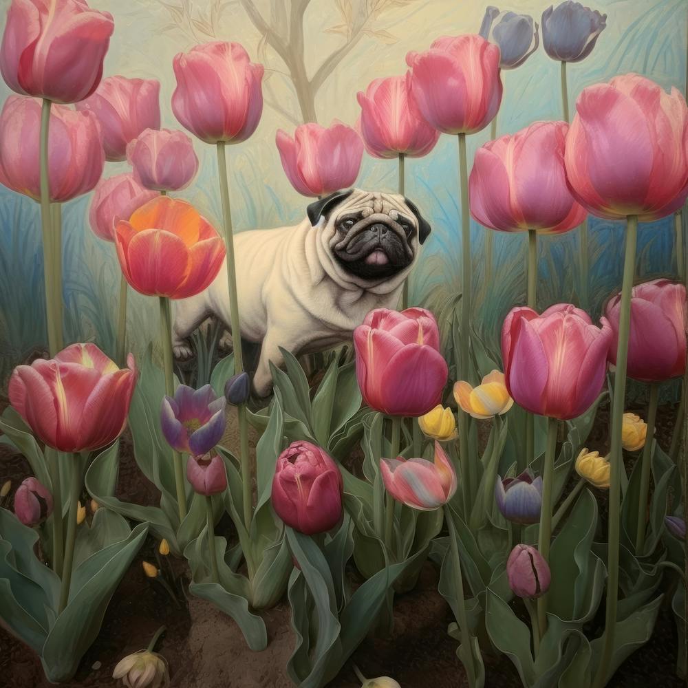 Pug In Pink Tulips