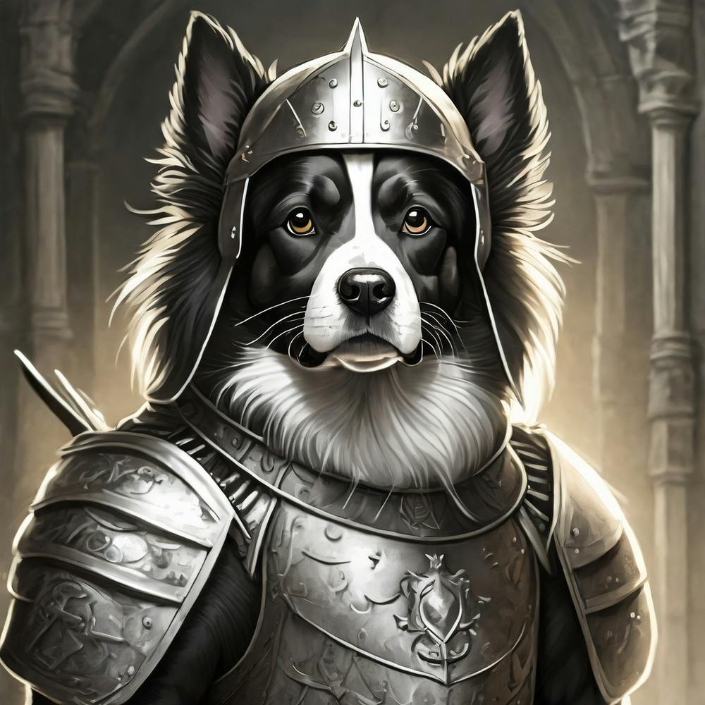 Firefly Portrait Of A Black And White Dog Dressed In Knight Armor And Helmet Min Size 1024px X 1024p