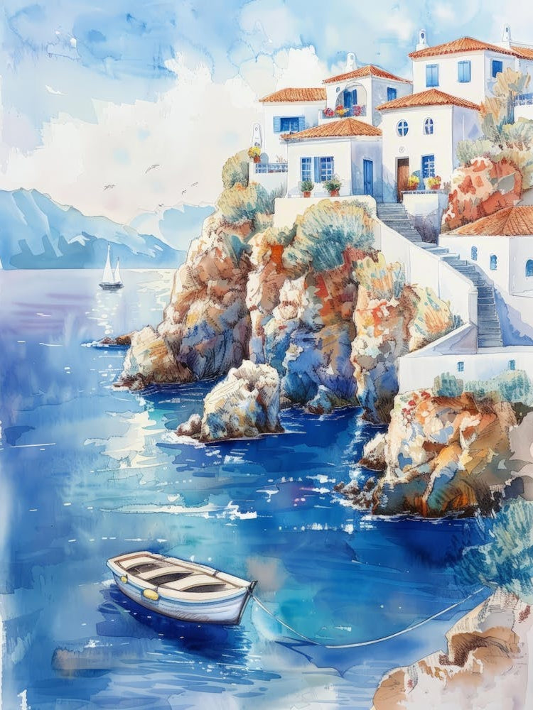 Watercolor Of A Village In Greece