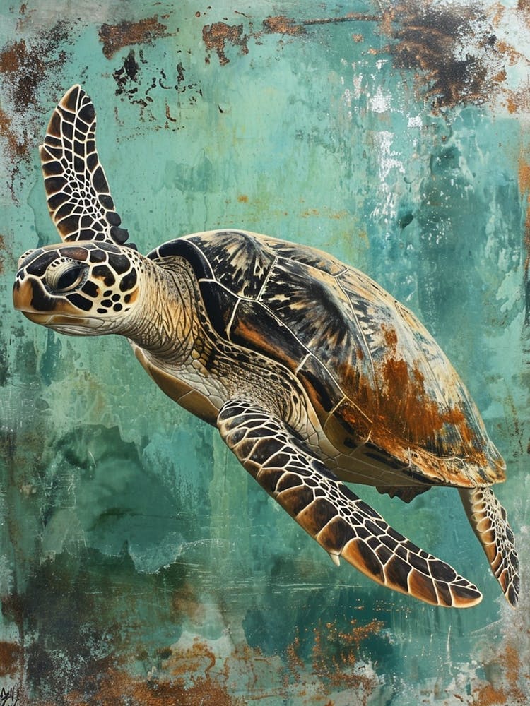 Sea Turtle Aqua Vintage Painting 1