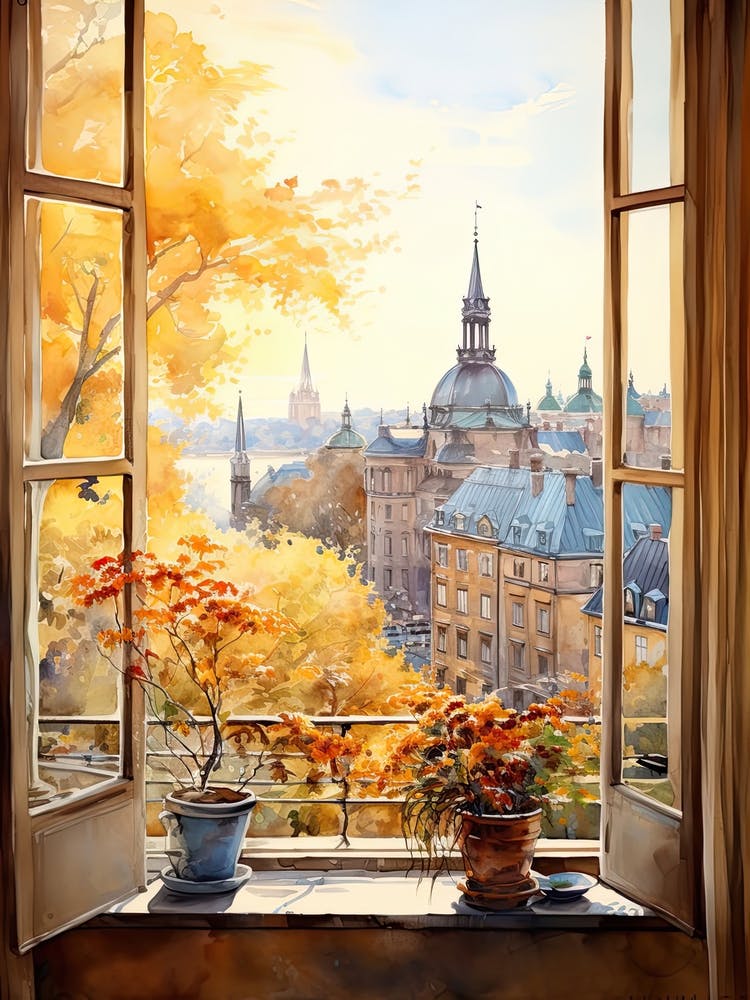 Window View Of Stockholm Sweden In Autumn Fall, Watercolour 1