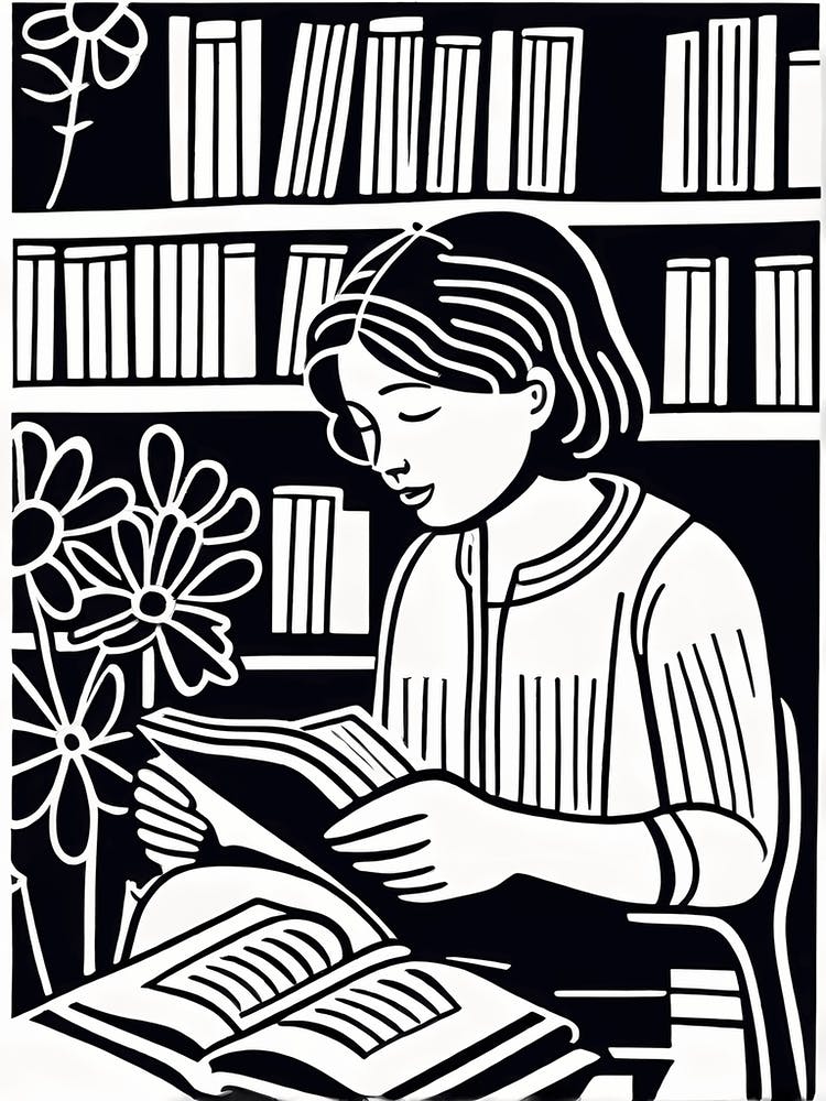 Just a girl who loves to read, Lion cut inspired Black and white Stylized portrait of a Woman reading a book, reading art, bookworm, Reading girl, 258
