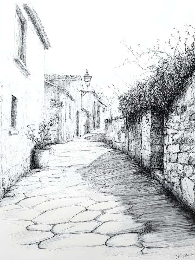 Charcoal Pencil Drawing Tuscany Street