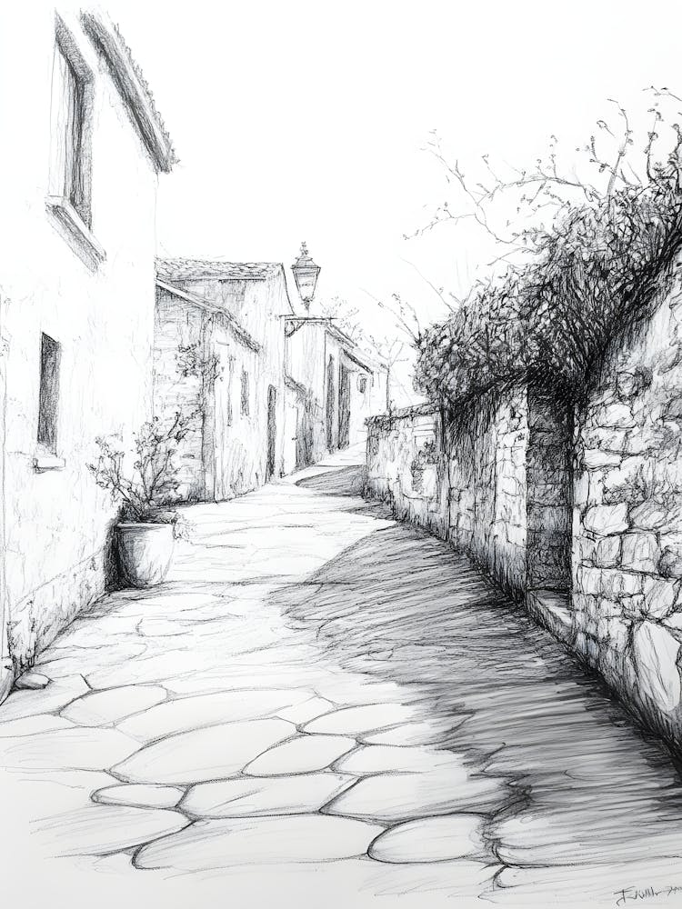 Charcoal Pencil Drawing Tuscany Street