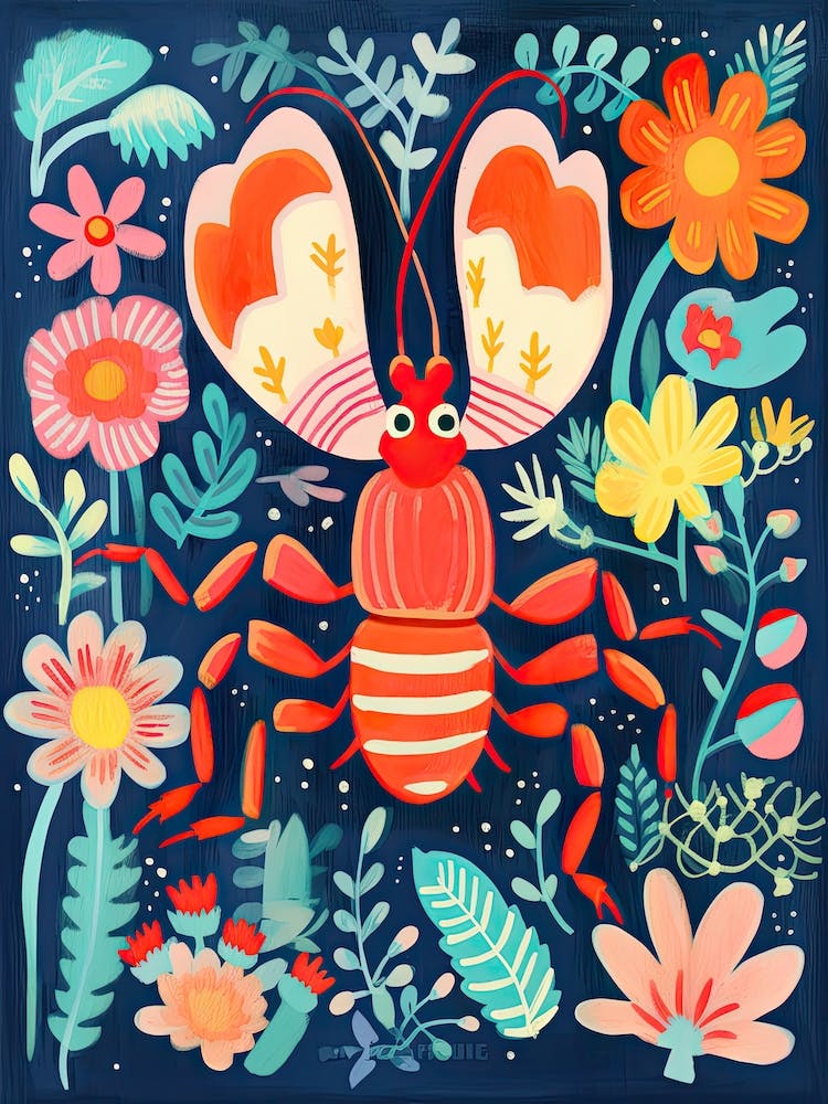 Summer Lobster And Flowers Illustration 1