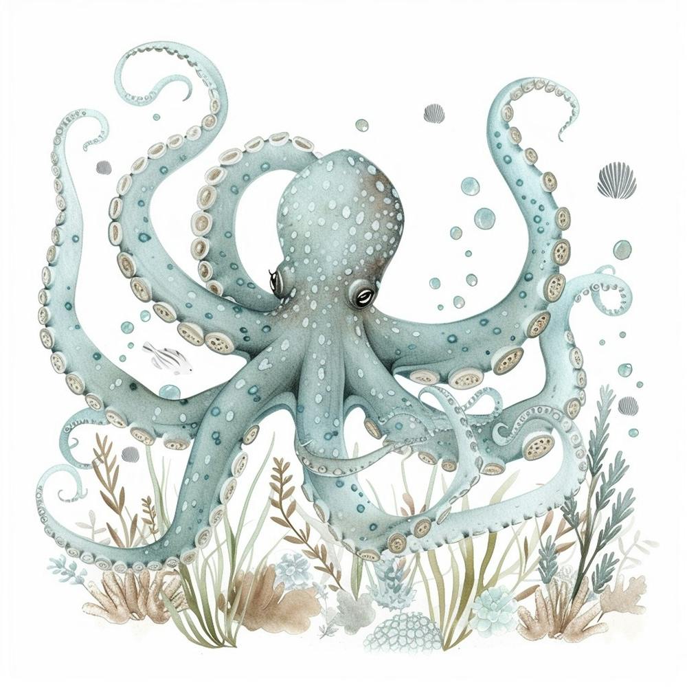 Poulpe style livre de contes sur le fond marin avec des plantes marines aquatiques 5