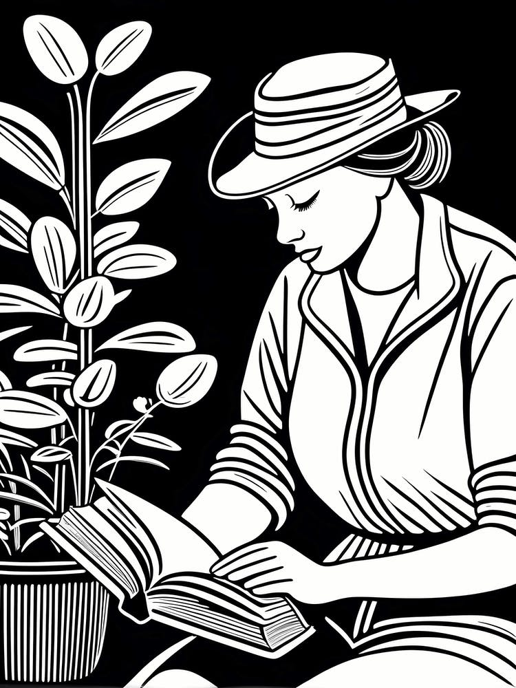 Lino cut Inspired black and white Reading In the Garden Art, Garden Girl Art, Gardening reading, 257